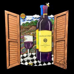 Charles Fazzino's art piece, "Bees in the Vineyard," featuring a glass and two bottles of wine in front of an open window