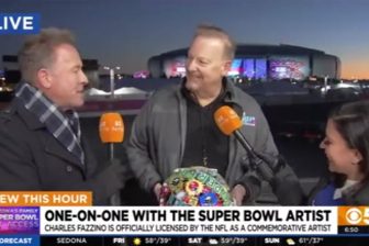Fazzino talking to two reporters about his official Super Bowl artwork outside the stadium in Arizona