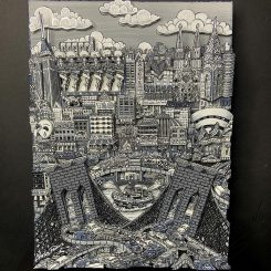 A photo of Charles Fazzino's new piece, Silver Bridge Traffic, featuring a black and white cityscape collage