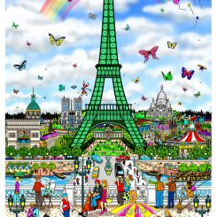 Fazzino's art piece, Waking up in Paris, featuring a colorful image of the Eiffel Tower surrounded by butterflies in a blue sky