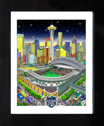 Mini art print for the 2023 All-Star game featuring the stadium and cityscape in the background with a baseball shooting out of the center of the frame