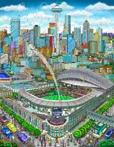 Limited edition 3D art print for the 2023 All-Star game featuring the stadium and cityscape in the background with a baseball shooting out of the center of the frame