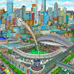 Painting of a baseball field in Seattle, featuring the city in the background