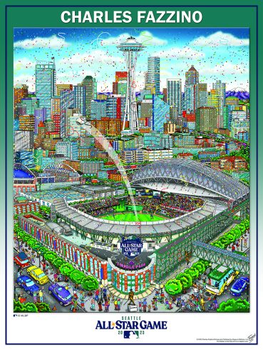 Poster for the 2023 All-Star game featuring the stadium and cityscape in the background with a baseball shooting out of the center of the frame