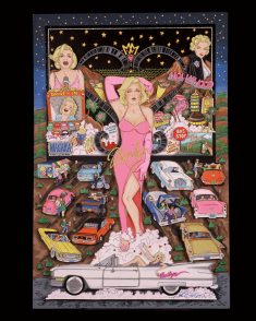 A colorful painting of Marilyn Monroe with antique cars in the background