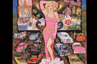 A colorful painting of Marilyn Monroe with antique cars in the background