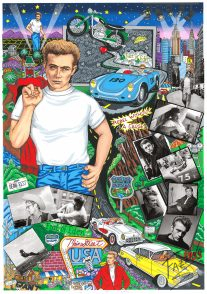 James Dean standing in front of a collage of cars