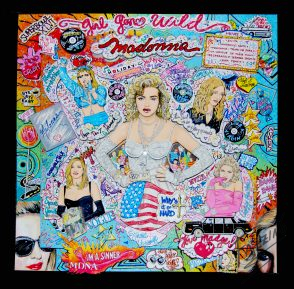 Madonna in front of a collage of iconic imagery