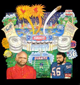 A football collage featuring Lawrence Taylor and Giants field