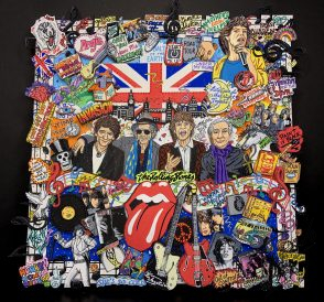 A collage of the Rolling Stones members and iconic imagery