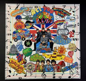 Beatles art piece featuring a collage of iconic imagery