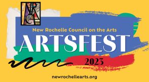 A logo for New Rochelle ArtsFest in rainbow colors