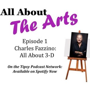 All About the Arts podcast flyer from New Rochelle Arts council featuring charles on a canvas sitting on an easel 
