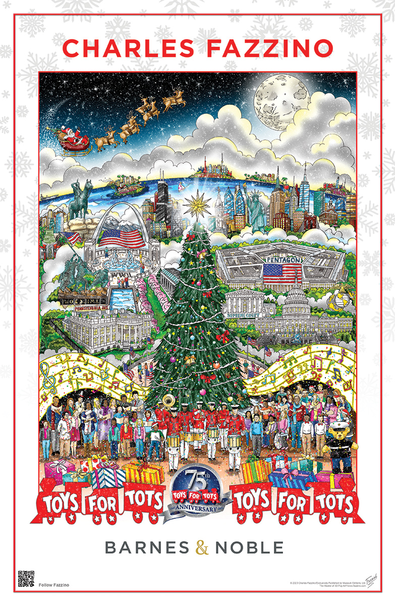 The exclusive art print for Barnes & Noble of Fazzino's 75th annual Toys for Tots event with a giant tree in the center of it all