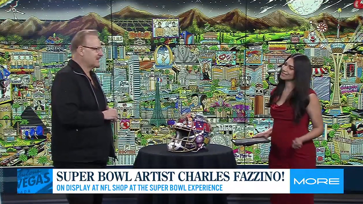 Charles Fazzino on the set of Fox 5 News in Las Vegas showing his 3D pop art helmet with a big backdrop of his art