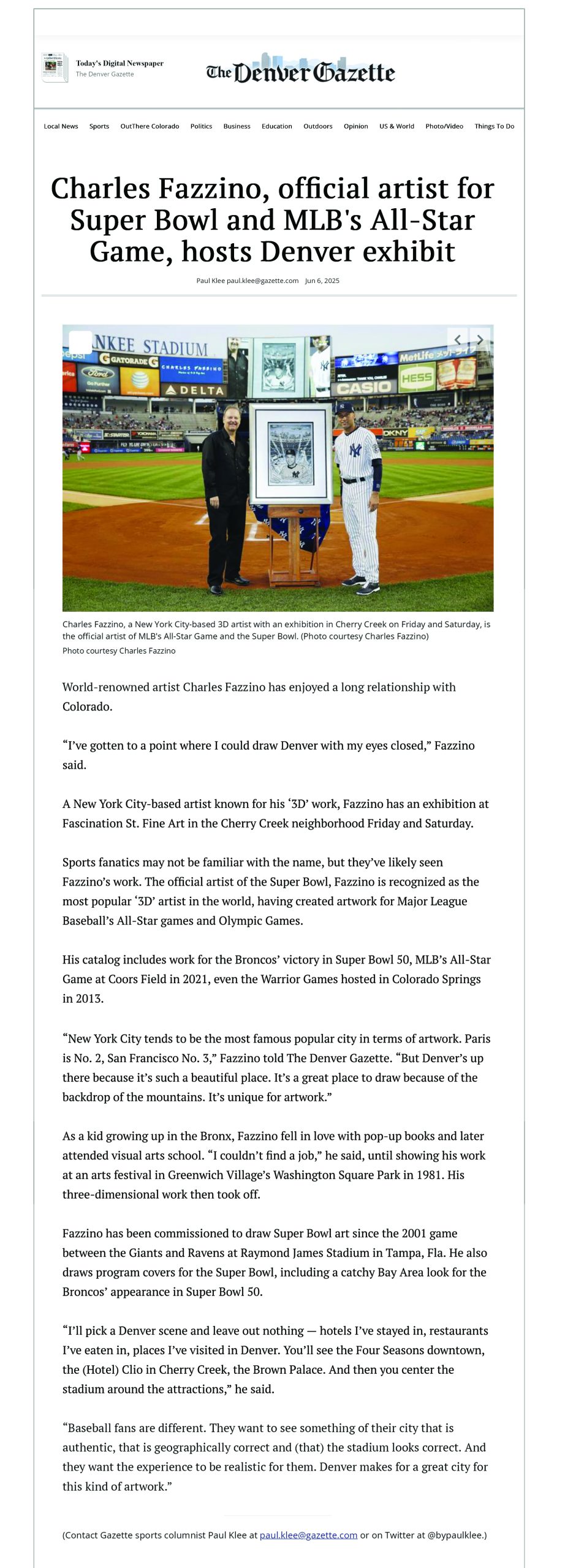 A press clipping from the Denver Gazette showing Fazzino on the baseball mound presenting artwork to NY Yankee Derek Jeter